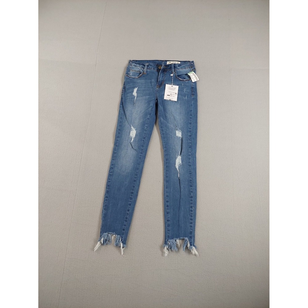 I & M Women Jeans 5 Blue Denim Skinny Distressed Low Rise Frayed Hem Medium Wash